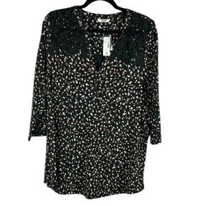 Penningtons Peasant Ditsy Floral Crochet Cotton Tunic Top Size X Black NWT